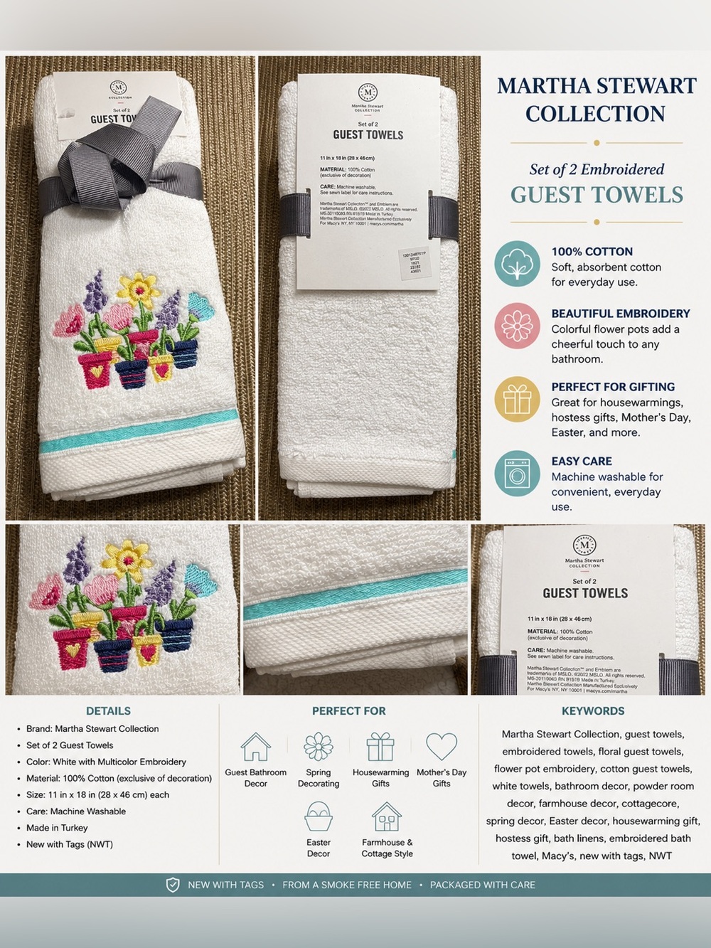 Martha Stewart Collection Set of 2 Embroidered Floral Guest Towels White NWT